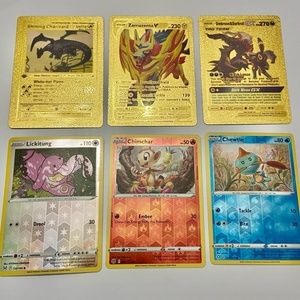 Lot (B): 3 Pokemon Reverse Holo Cards and 3 Pokemon Gold Fan Arts